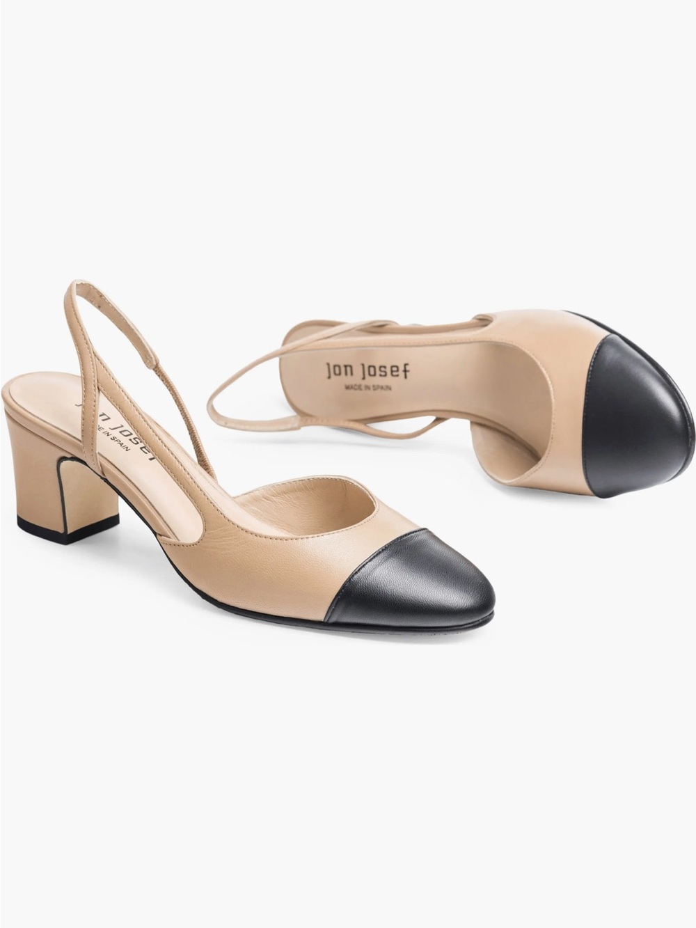 Jon Josef Two-Tone Tan and Black Low Block Heel Slingbacks, 8.5 NWT